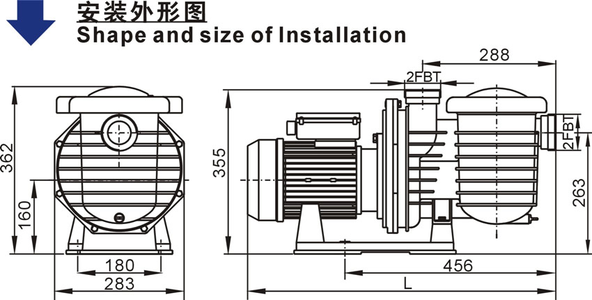 歐洲款SCPB（E）系列泳池泵安裝外形圖